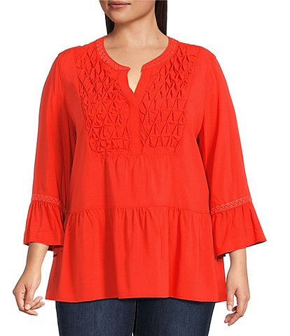 John Mark Plus Size Embroidered Split-Neck 3/4 Ruffle Flounce Sleeve Tunic