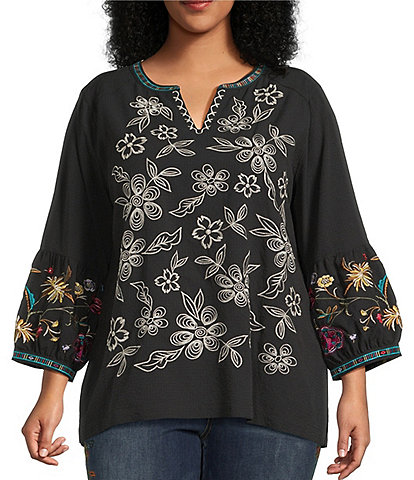 John Mark Plus Size Embroidered Split V-Neck 3/4 Tiered Sleeve Peasant Top