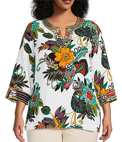John Mark Plus Size Embroidered Tropical Floral Print Round Split Neck 3/4 Sleeve Tunic
