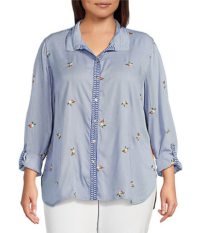 John Mark Plus Size Embroidered Yarn-Dye Stripe Wire Collar Long Roll-Tab Sleeve Button Front Shirt