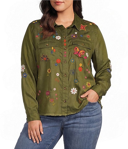 John Mark Plus Size Floral And Butterfly Point Collar Long Roll-Tab Sleeve Button Front Shirt