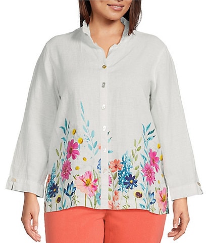 John Mark Plus Size Floral Border Print Linen Wire Collar 3/4 Sleeves Button-Front Tunic