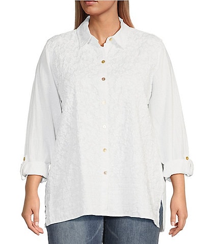 John Mark Plus Size Floral Embroidered Collar Neck 3/4 Roll-Tab Sleeve Hi-Low Hem Button-Front Blouse