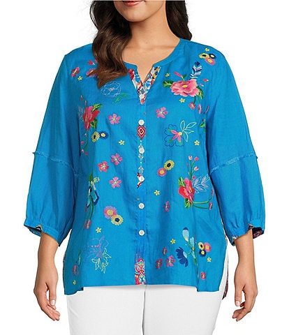 John Mark Plus Size Floral Embroidered Round Neck 3/4 Sleeve Button-Front Tunic