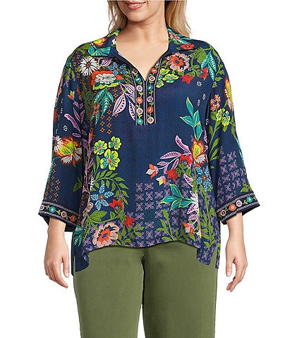 John Mark Plus Size Floral Embroidered Woven Point Collar 3/4 Cuff Sleeve Popover Top