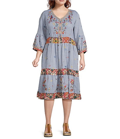 John Mark Plus Size Floral Embroidered Woven V-Neck 3/4 Sleeves Tiered Hem A-Line Midi Dress