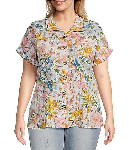John Mark Plus Size Floral Multi Print Wire Collar Short Sleeve Button Front Camp Shirt