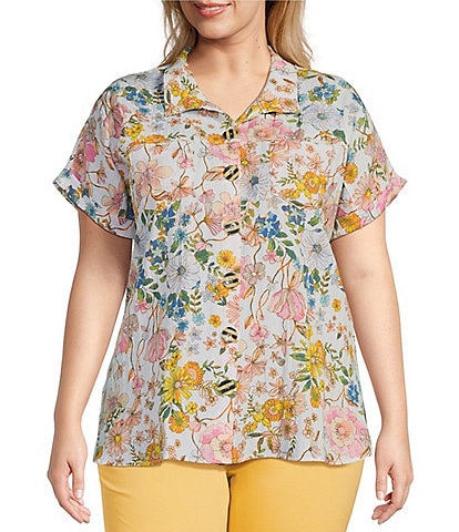 John Mark Plus Size Floral Multi Print Wire Collar Short Sleeve Button Front Camp Shirt