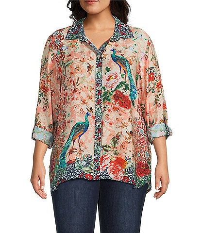 John Mark Plus Size Floral Multi Woven Point Collar Long Roll-Tab Sleeve Button Front Shirt