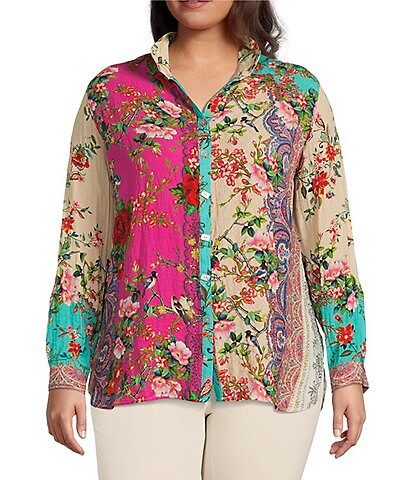 John Mark Plus Size Floral Paisley Print Wire Collar Roll-Tab Sleeve Button Front Top