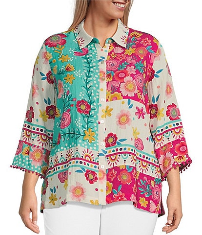 John Mark Plus Size Floral Print Point Collar 3/4 Sleeve Button Front Tunic