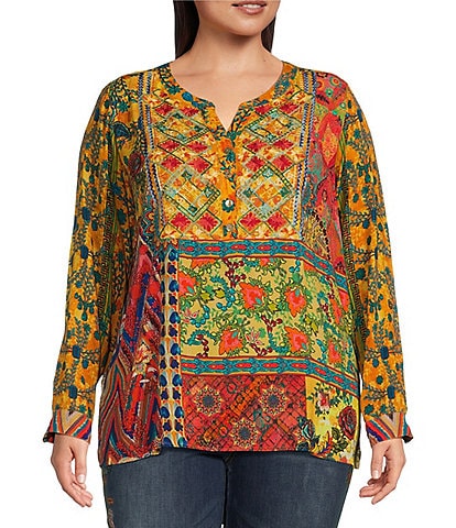 John Mark Plus Size Floral Printed Split V-Neck Long Sleeve Button Up Tunic