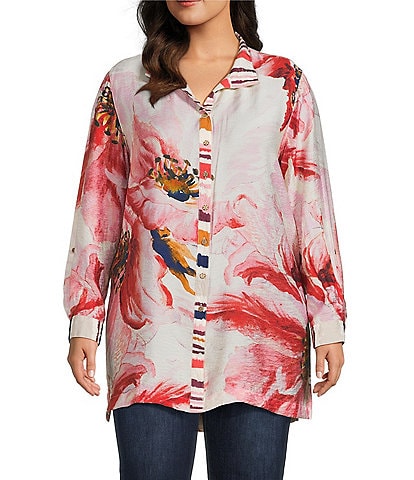 John Mark Plus Size Floral Wire Collar Long Roll-Tab Sleeve Hi-Low Hem Button-Front Tunic