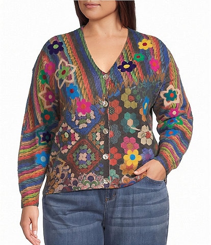 John Mark Plus Size Knit Allover Print V-Neck Long Sleeve Button Front Cardigan