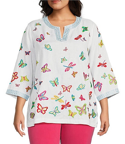 John Mark Plus Size Linen Blend Butterfly Embroidery Split V-Neck 3/4 Sleeve Tunic