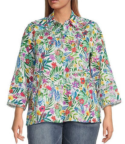 John Mark Plus Size Linen Floral Print Point Collar 3/4 Sleeve Button Front Tunic