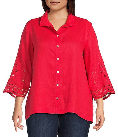 John Mark Plus Size Linen Wire Collar 3/4 Embroidered Eyelet Scallop Sleeve Button Front Shirt