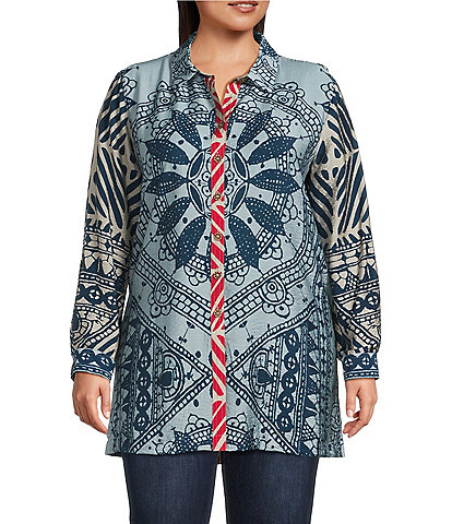 John Mark Plus Size Medallion Abstract Print Point Collar Long Roll-Tab Sleeve Button-Front Tunic