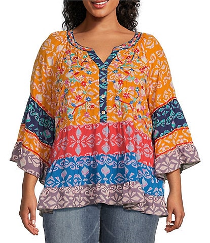 John Mark Plus Size Mix Print Embroidered Y-Neck 3/4 Sleeve Button Front Top
