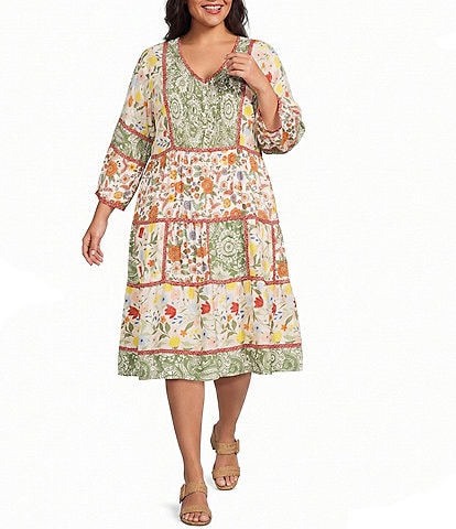 John Mark Plus Size Mixed Floral V-Neck 3/4 Sleeve Shift Dress