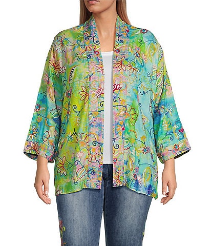 John Mark Plus Size Mixed Print Floral Embroidery Banded Neck 3/4 Cuffed Sleeve Open Front Woven Kimono
