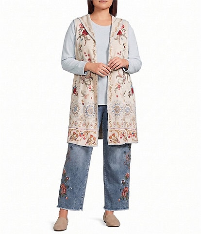 John Mark Plus Size Multi Floral Mandala Embroidery Open-Front Hooded Vest