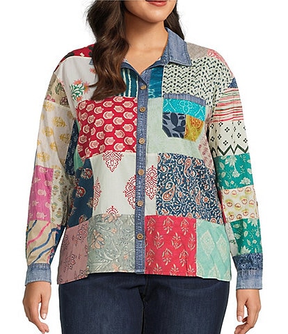 John Mark Plus Size Multi Print Patched Point Collar Long Roll-Tab Sleeve Button Front Tunic