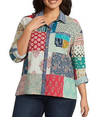 John Mark Plus Size Multi Print Patched Point Collar Long Roll-Tab Sleeve Button Front Tunic