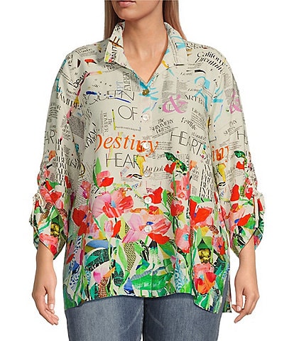 John Mark Plus Size Novelty Floral Print Collar Neck 3/4 Sleeve Button Front Top