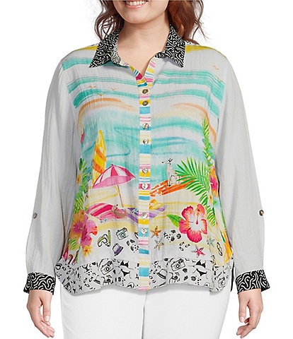 John Mark Plus Size Novelty Mix Print Point Collar Button Front Long Roll-Tab Sleeve Tunic