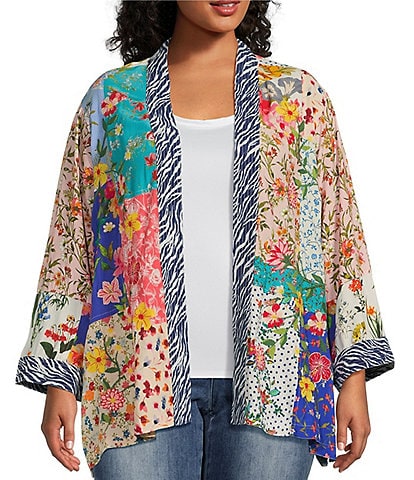 John Mark Plus Size Patch Print Floral Embriodered Open Front Long Sleeve Kimono