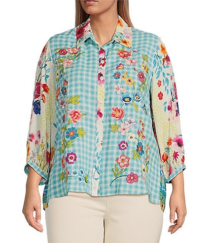 John Mark Plus Size Plaid Embroidered Floral Point Collar 3/4 Sleeve Button-Front Shirt