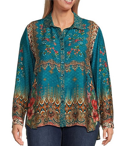 John Mark Plus Size Printed Point Collar 3/4 Roll-Tab Sleeve Button-Front Tunic