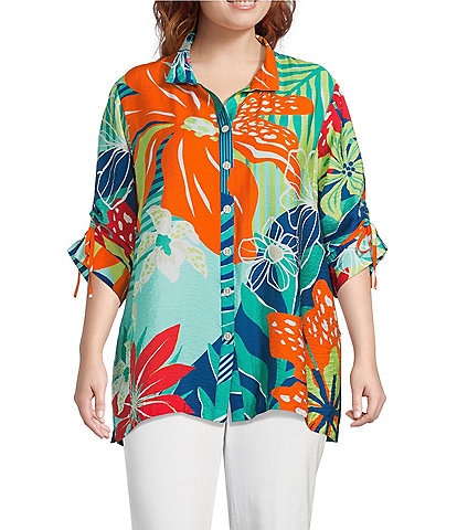 John Mark Plus Size Printed Wire Collar 3/4 Cinch Tie Sleeve Button Front Tunic