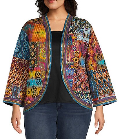 John Mark Plus Size Quilted Woven Multi Print Banded Neck Long Cuffed Sleeve Running Stitch Embroidery Open Front Jacket