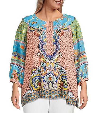 John Mark Plus Size Shirring Printed Scoop Neck 3/4 Sleeve Top