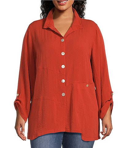John Mark Plus Size Solid Woven Wire Collar Long Roll-Tab Sleeve Diamond Cut Button Front Tunic