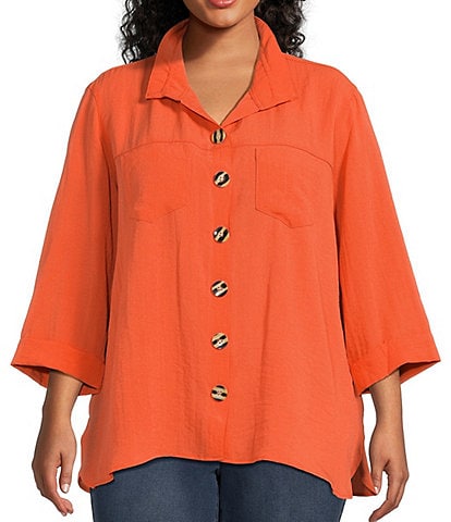 Red Collared Shirt, Plus Size Blouse for Women, Buttoned Shirt