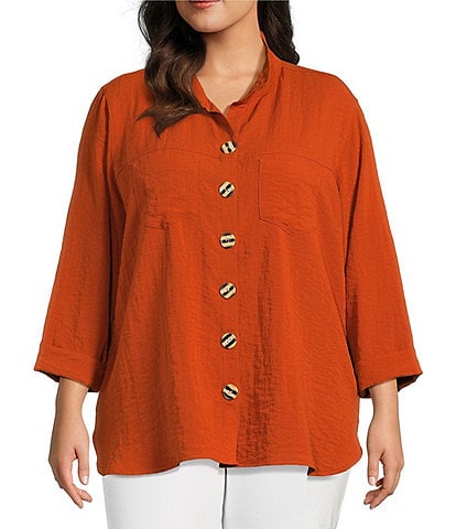 John Mark Plus Size Solid Woven Wire Collared Button Front 3/4 Sleeve Camp Shirt