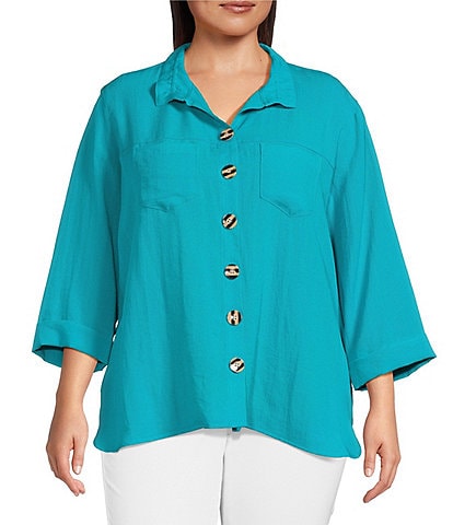 John Mark Plus Size Solid Woven Wire Collared Button Front 3/4 Sleeve Camp Shirt