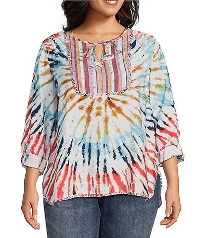 John Mark Plus Size Tie Dye Print Woven Embroidered Tie Neck 3/4 Roll-Tab Sleeve Tunic