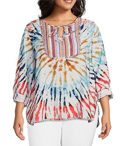 John Mark Plus Size Tie Dye Print Woven Embroidered Tie Neck 3/4 Roll-Tab Sleeve Tunic