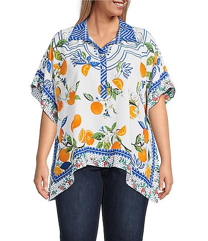 John Mark Plus Size Tropical Fruit Point Collar Short Sleeve Wide Tunic
