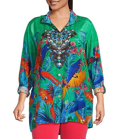 John Mark Plus Size Tropical Leaf Parrot Print Wire Collar Roll-Tab Sleeve Button-Front Tunic