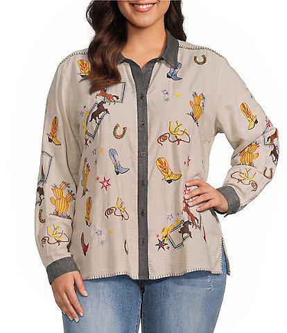 John Mark Plus Size Western Novelty Point Collar Long-Roll Tab Sleeve Snap Front Shirt