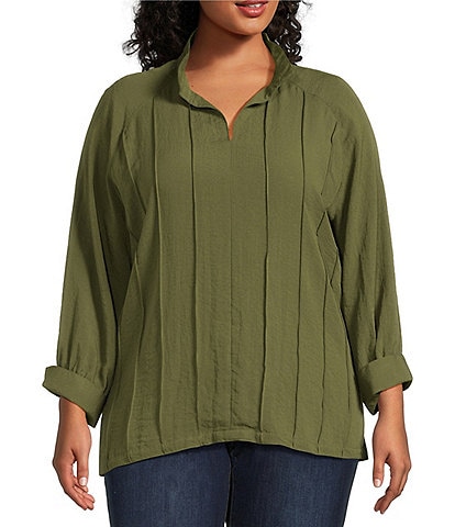John Mark Plus Size Wire Collar Split V-Neck 3/4 Sleeve Pintuck Detail Top
