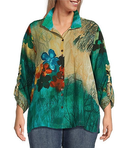 John Mark Plus Size Woven Abstract Floral Print Wire Collar 3/4 Cinched Tie Sleeve Button Front Tunic