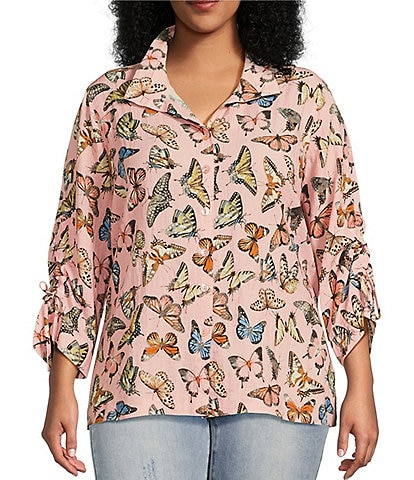John Mark Plus Size Woven Butterfly Print Cinched Tie Tunic