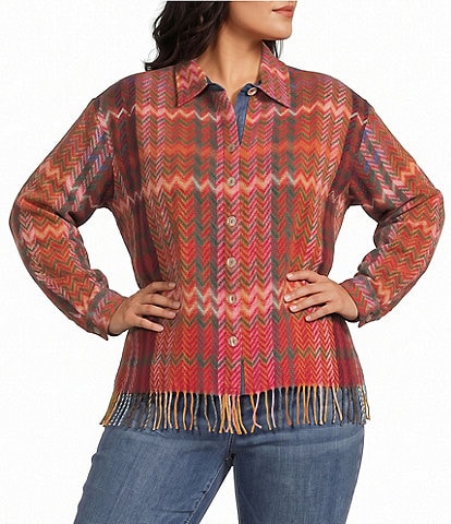 John Mark Plus Size Woven Chevron Pattern Point Collar Long Sleeve Fringe Hem Button Front Jacket