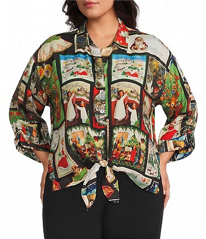 John Mark Plus Size Woven Christmas Holiday Point Collar Short Cinched Dolman Sleeve Button Tie Front Shirt